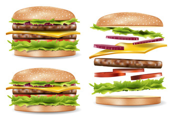 Burger ads for your design, delicious hamburger mockup side view. Jumping Realistic Burger with refreshing ingredients. 3d Vector illustration
