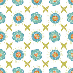 Vector Abstract Turquoise Blue Teal Green Orange Gold Flowers with Green Leaves on White Background Seamless Repeat Pattern. Background for textiles, cards, manufacturing, wallpapers, print, gift wrap