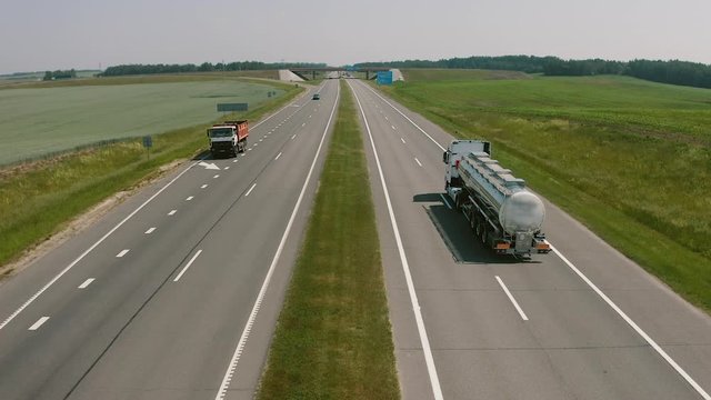 Aerial top view. Rear view of giant tank truck or fuel truck drive