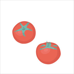 Vector concept of fresh vegetable tomatoes. Two tomatoes on a white background. Healthy diet flat style illustration. Isolated green food, can be used in restaurant menus, cookbooks, and organic farm