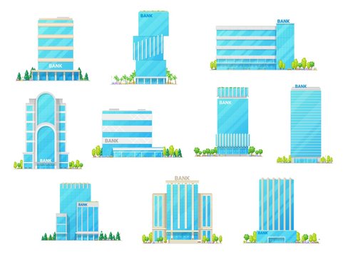 Bank, office and financial building vector icons. Tall office buildings and skyscrapers with modern glass facades, entrance doors, car parking lots and trees, commercial property and infrastructure