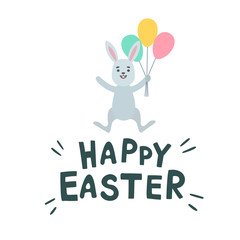 Cute easter bunny, easter rabbit. Greeting card with Happy Easter writing, letterin. Isolated on white background. Vector illustration