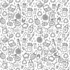 Seapless black and white pattern hand drawn elements of zero waste life. Eco style. No plastic. Go green. Vector illustration