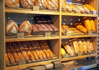 Freshly baked loaves of bread on a market stall