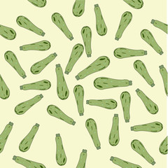 Seamless pattern with zucchini squash hand drawn vector illustration. Vegetable colorful object. Beautiful veggie design elements for kitchen, menu. Funny illustration on color background