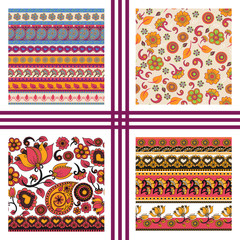 Set of vector seamless texture. Ethnic indian kalamkari ornament. Collection of floral paisley decorative pattern