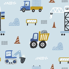 Childish seamless pattern with building equipment. Creative kids texture for fabric, wrapping, textile, wallpaper, apparel. Vector hand drawn illustration. Blue background. © bukhavets