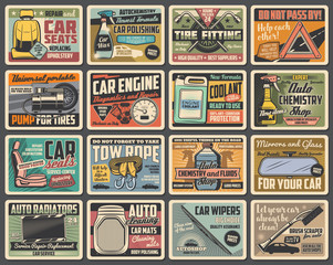 Car spare parts, maintenance vector retro posters. Vehicle repair service wrench, spanner, wheel and tire fitting pump, car engine, radiator and wiper, seat and coolant, brush, tow rope and mirror © Vector Tradition