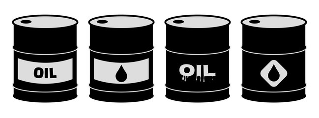 Set of oil barrel icons. Black crude oil barrels vector illustration.