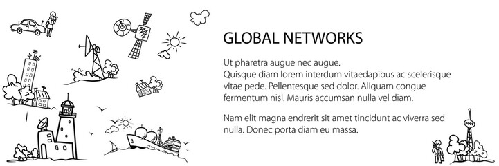 Banner with elements of the global information network, satellites and satellite antennas and repeaters, vector illustration