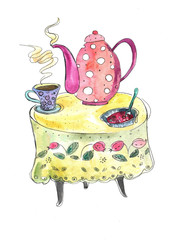 watercolor illustration teapot on the table with a mug, raspberry jam, food, drink