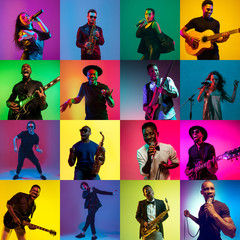 Collage of portraits of young 11 emotional talented musicians on multicolored background in neon...