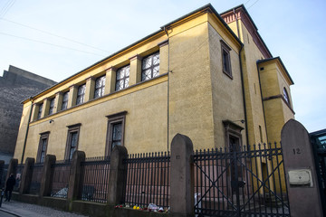 Exterior view of the Great Synagogue in Copenhagen, Denmark. February 2020