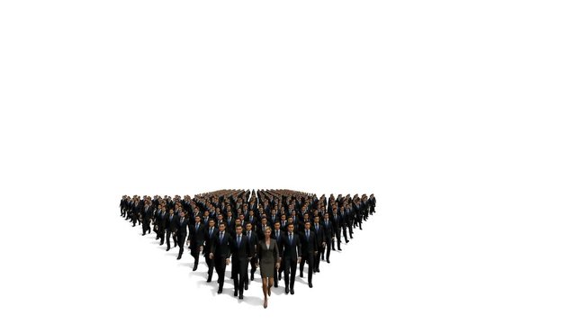 Businessmen with a businesswoman in front forming arrow shape pointing right, hd, against white