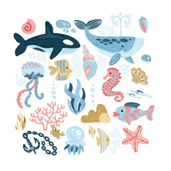 Set of sea animals - seashells, fish, whale, seahorse,tuna, butterfly fish,killer whale, jellyfish, seaweed, anchor,coral, cockleshell. Flat cartoon hand drawn illustration of underwater world