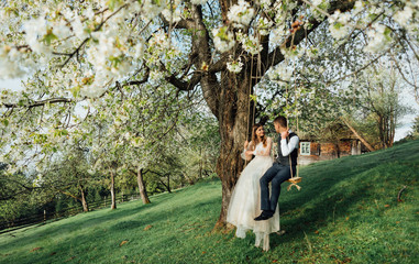 Beautiful wedding couple in the gardens of a blossoming