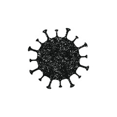 Coronavirus icon with grunge texture. Virus disease symbol. Influenza epidemic logo. Covid-19 sign. Black silhouette isolated on white background. Vector illustration image.