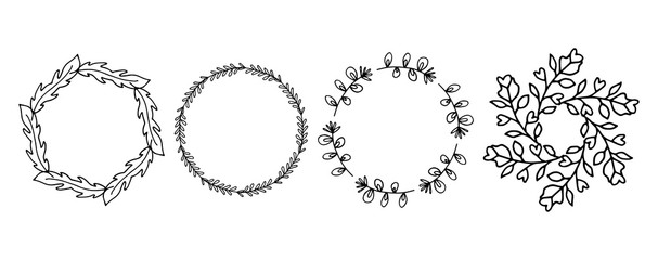 Set of -- frames with floral elements. Rustic. Hand drawn simple line. Black stroke.