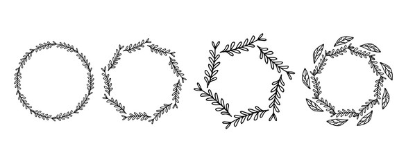 Set of -- frames with floral elements. Rustic. Hand drawn simple line. Black stroke.