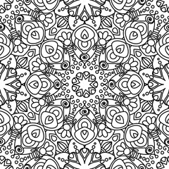 Mandala ethnic seamless pattern. Adult coloring page. Black and white repeat pattern background. Vector illustration.