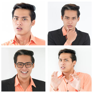 Asian Student Guy Portrait Set With Different Facial Expressions. Serious, Happy, Scared Man Studio Shot Collage. Multiscreen Montage, Split Screen Collage. Emotions Concept