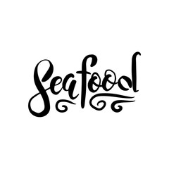 Obraz premium Sea food template illustration for restaurant advertising on grunge isolated white background. Hand drawn lettering design element for banner, menu and poster in hipster style.