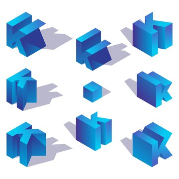 Classic volume isolated english alphabet. 3d blue letters font element Letter k with shadow
