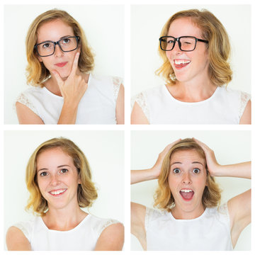 Blonde young student girl portrait set with different gestures and facial expressions. Happy positive young woman studio shot collage. Multiscreen montage, split screen collage. Emotions concept
