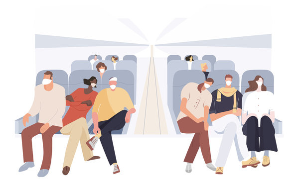 Passengers seating in airplane wearing white medical face mask vector illustration. Asian people flight from epidemic coronavirus COVID-19 infection (2019-nCoV) to quarantine zone. Flu virus concept.