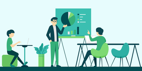 Casual Business People Working Together In Coworking Office Modern Team Metting Mix Race Businesspeople Sitting At Desk In Coworking Center Flat Vector Illustration