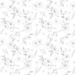 Spring blooming almond, cherry, sakura, apple tree seamless monochrome botanical pattern. Black ink vintage floral background for wallpaper, gift wrapping paper, textile design. 