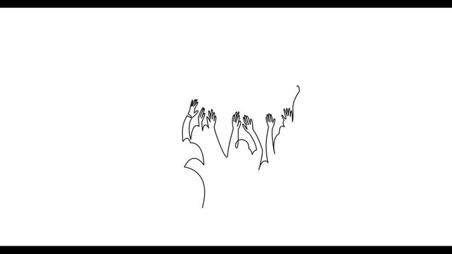 Self drawing animation of Cheerful crowd cheering illustration. Hands up.