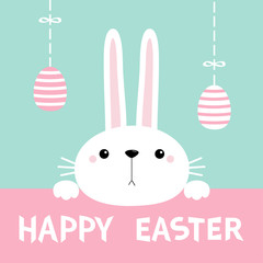 Happy Easter bunny rabbit. Hanging eggs. Cute cartoon kawaii funny baby character. Long ears. Farm animal collection. Blue background. Spring greeting card. Isolated. Flat design