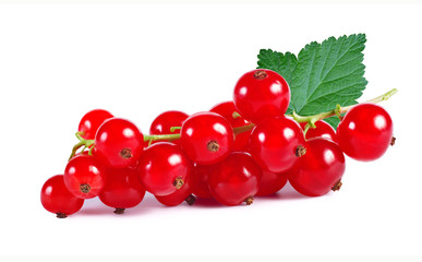 Ripe red currant berries with leaf isolated on white.