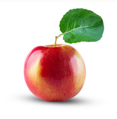 Ripe red apple with green apple leaf.