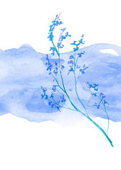 Watercolor greeting card, frame, invitation. Drawing - blue flower, branch, lavender, wildflowers, wild grass. Vintage art illustration. Handmade drawing. For your design, text. purple paint splash