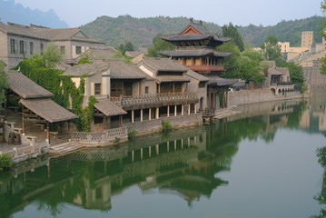Naklejka premium A town in southern China; quaint buildings reflecting on the lake