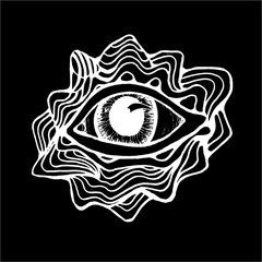 Black and white drawing of the eye, inscribed in a circle of pattern and mountains. Good idea for a tattoo.
