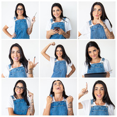 Happy student girl portrait set with different hand gestures and facial expressions. Tattooed young...