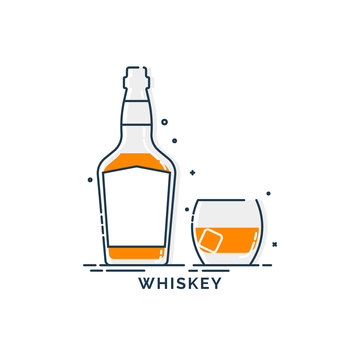 Bottle and glass whiskey line art in flat style. Restaurant alcoholic illustration for celebration design. Design contour element. Beverage outline icon. Isolated on white background in graphic style