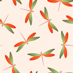 Dragonfly cute seamless pattern. Repeating clothes fabric print with flying adder insects. Close up 