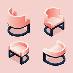 Isometric furniture collection in pink colors, isolated on pastel background. Vector 3d set with fashionable chairs