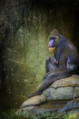 Mandrill monkey sitting looking at the camera, isolated against a jungle green background.