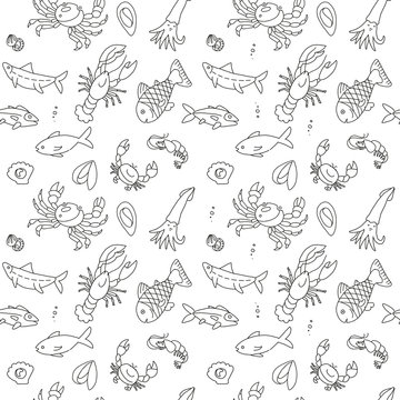 Seamless pattern with cute hand drawn fish and other marine inhabitants in doodle scandinavian style. collection on white background