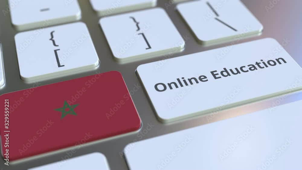 Aufkleber online education text and flag of morocco on the buttons on the computer keyboard. modern profession