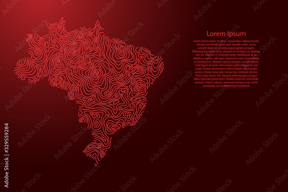Poster brazil map from red isolines or level line geographic topographic map grid and glowing space stars. 