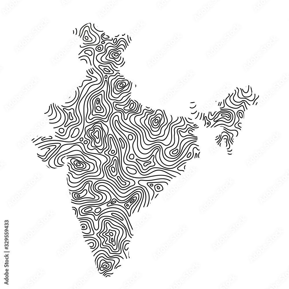 Poster india map from black isolines or level line geographic topographic map grid. vector illustration.