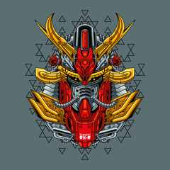 Mecha head samurai with sacred geometry pattern
