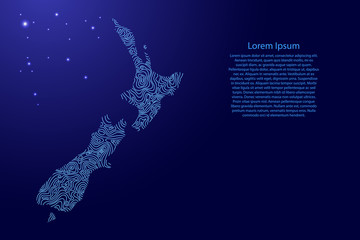 Fototapeta na wymiar New Zealand map from blue isolines or level line geographic topographic map grid and glowing space stars. Vector illustration.