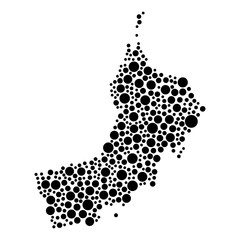 Oman map from black circles of different diameters or spots, blotches, abstract concept geometric shape. Vector illustration.